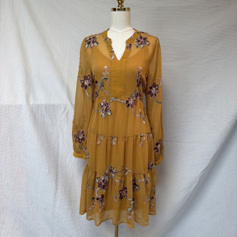 Olive Hill Anthro Mustard Yellow Midi Dress XL Sheer Embroidered Floral Boho